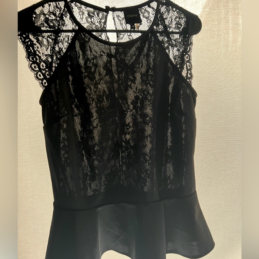 GORGEOUS top! Stretch form fitting black lace and flat top